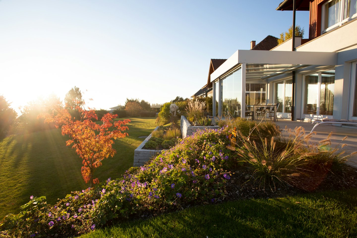 Custom timber deck featuring warm sunset lighting on modern patio.